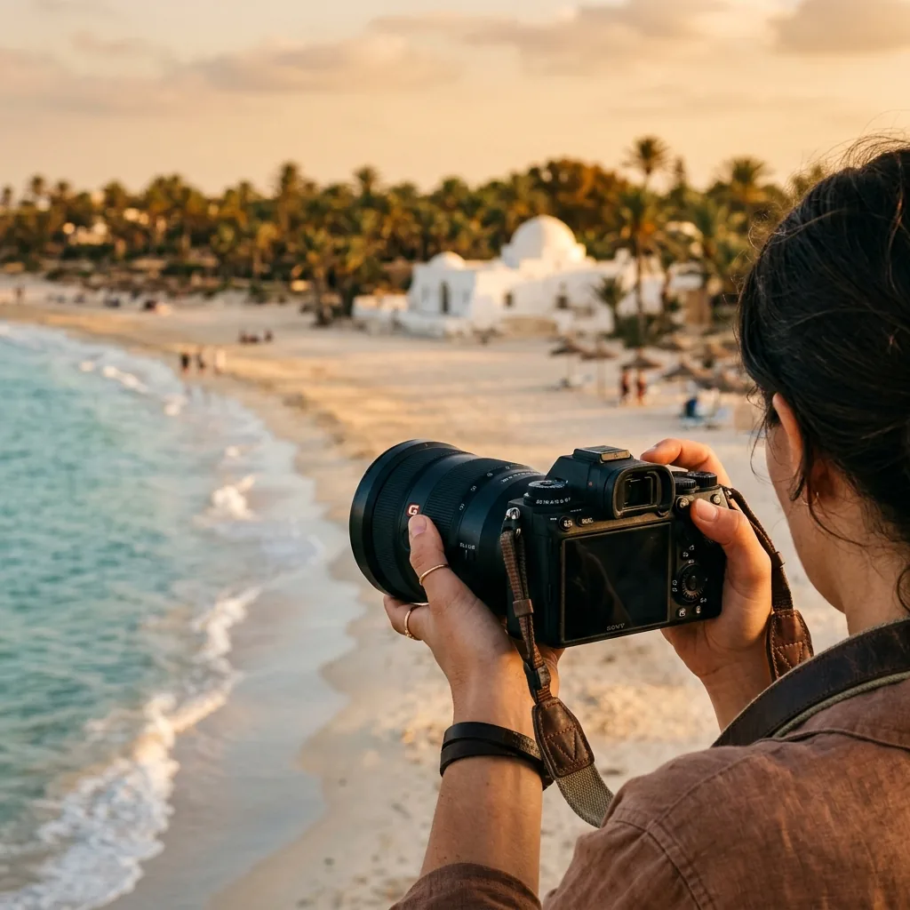 Photographe professionnel à Djerba photographiant une plage au coucher du soleil